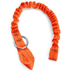 Husqvarna equipment strap with adjustable buckle and elastic design.