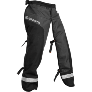 Husqvarna work pants with protective chaps for outdoor and forestry tasks.
